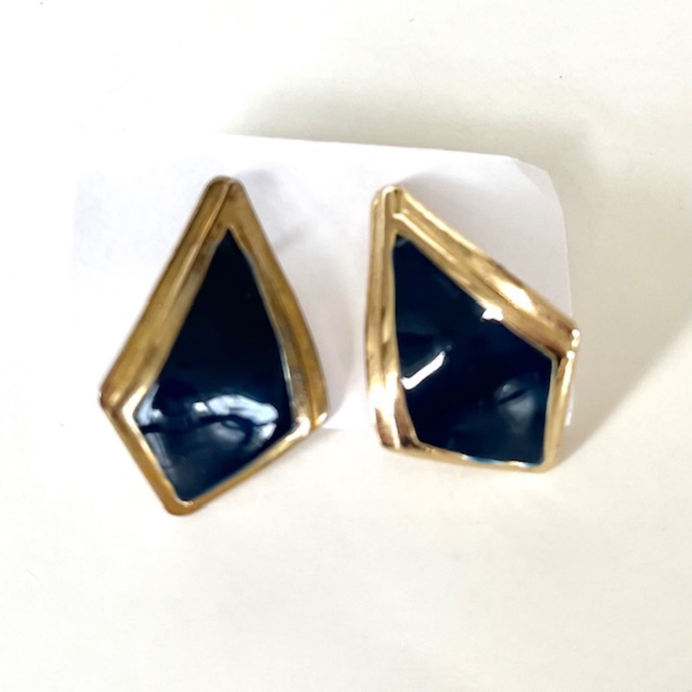 Vintage Enamel Pierced Earrings, Navy & Gold